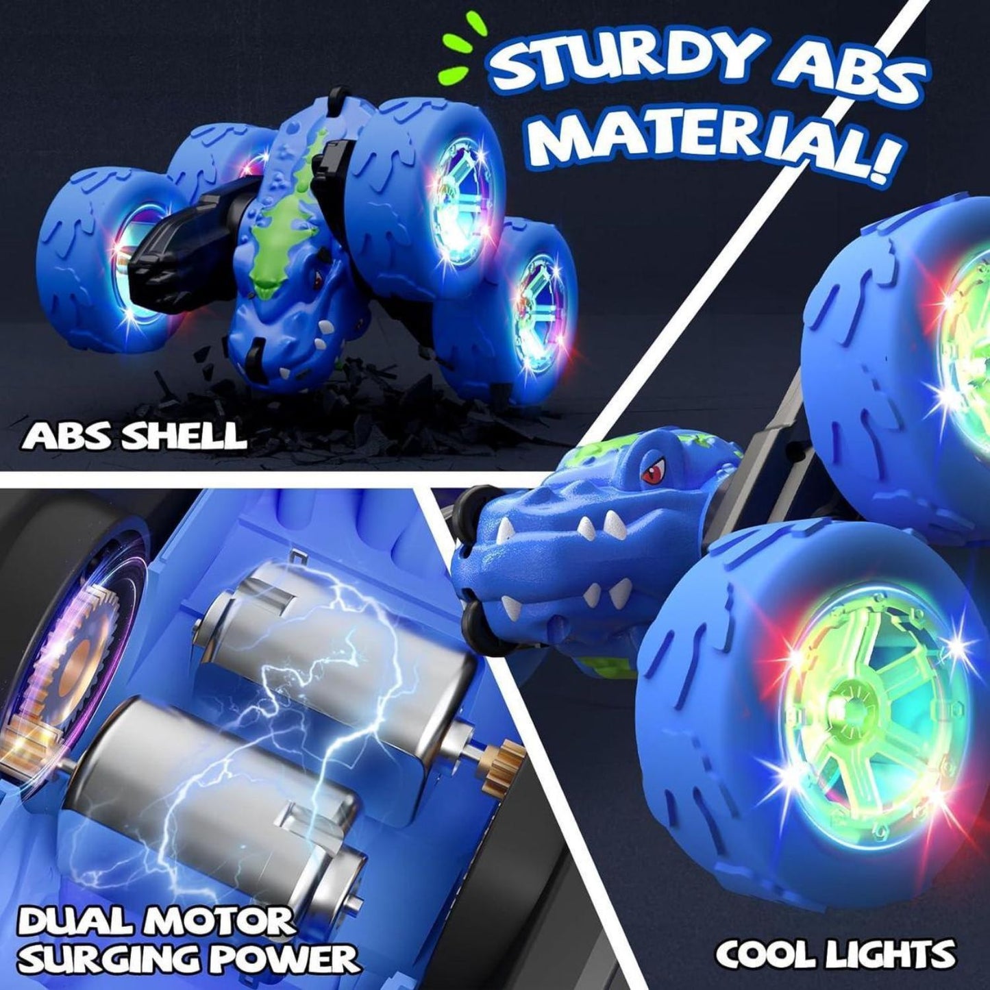 Dino Stunt RC Car: 360° Flips, LED Lights, 40M Range, Rechargeable (Blue)