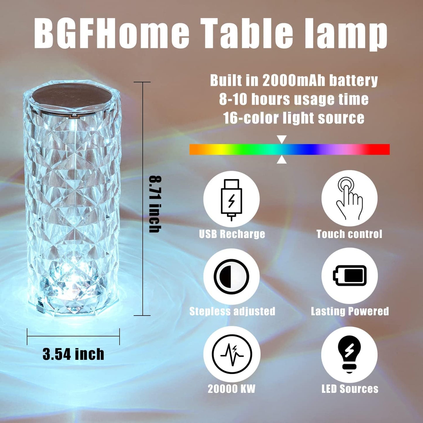 2pc Crystal Table Touch Lamp RGB Color Changing Night Light Romantic forLiving Room Gift