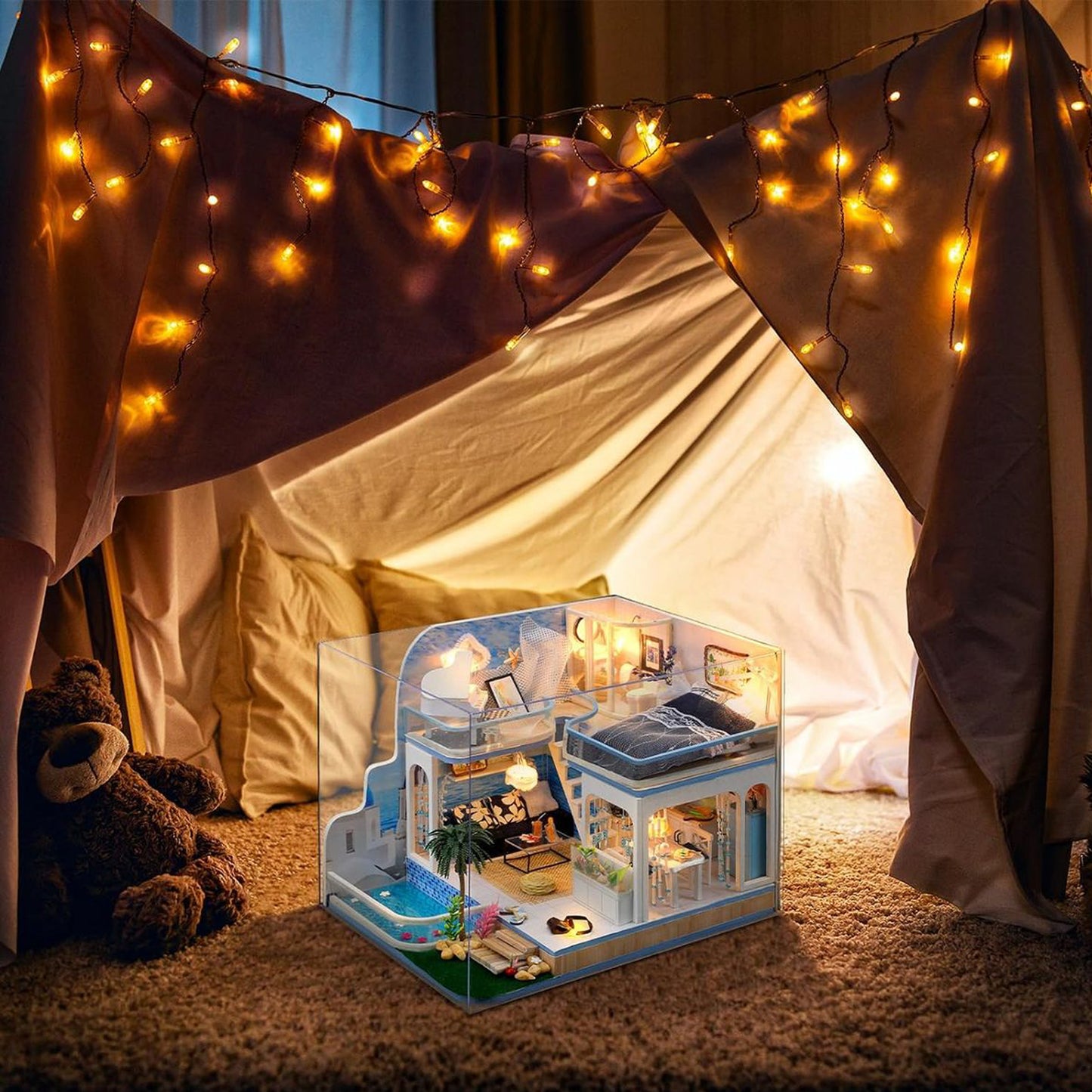 DIY Miniature House Kits,Tiny House Pet Shop with Furniture & LED, Home Decor