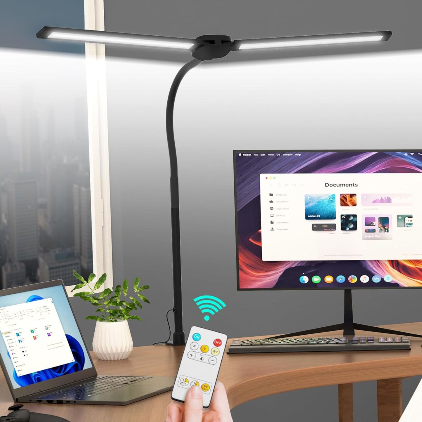 LED Desk Lamp with Wireless Remote – Dual Screen, Gooseneck, Eye-Care, Adjustable Clamp
