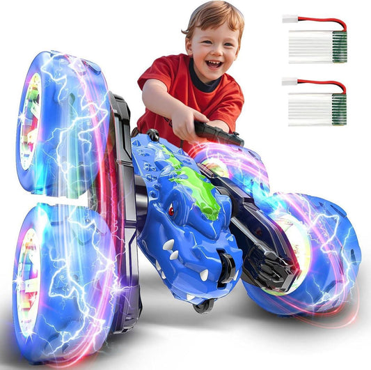 Dino Stunt RC Car: 360° Flips, LED Lights, 40M Range, Rechargeable (Blue)