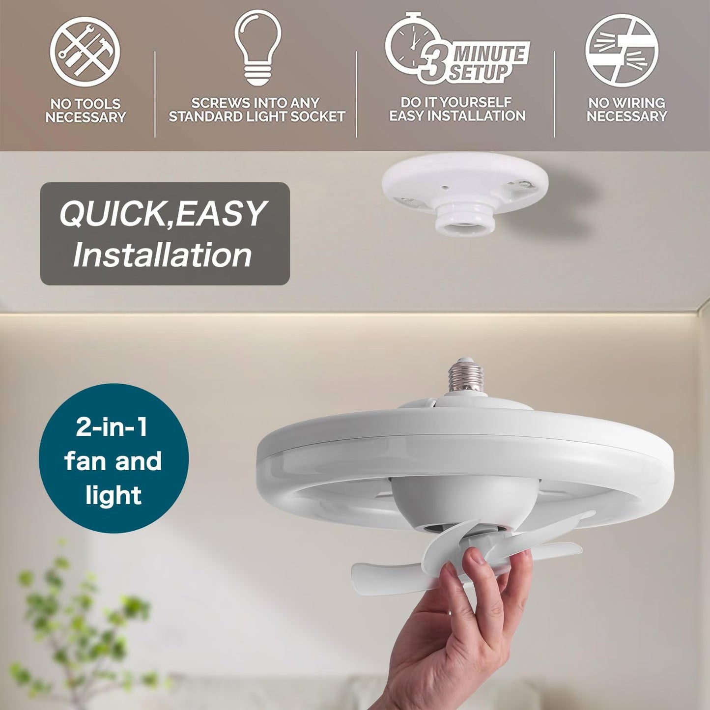 (A Pair) Ceiling Fan with Remote Screws Into Light Bulb Socket E26/E27 Base 360-Degree Rotate