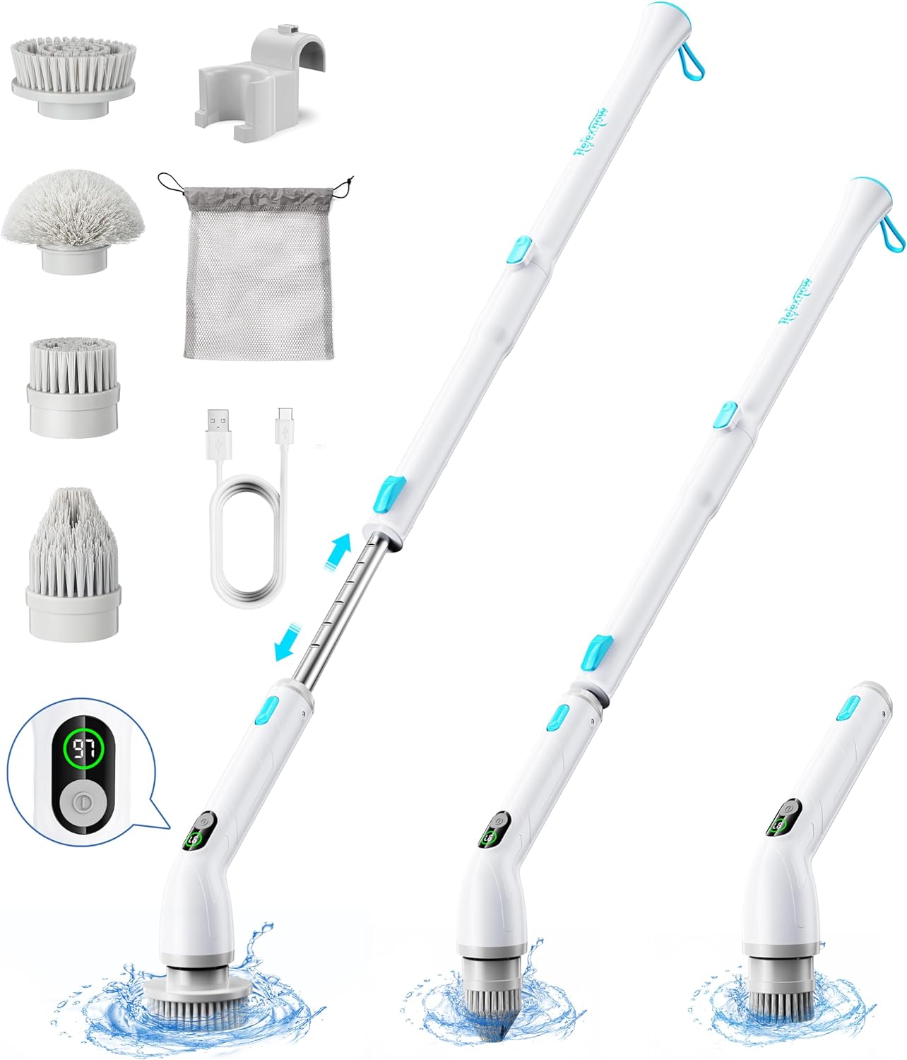 Electric Spin Scrubber Cordless Cleaning Full-Body IPX7 3 Speeds LCD Display 4 Replaceable Brushes