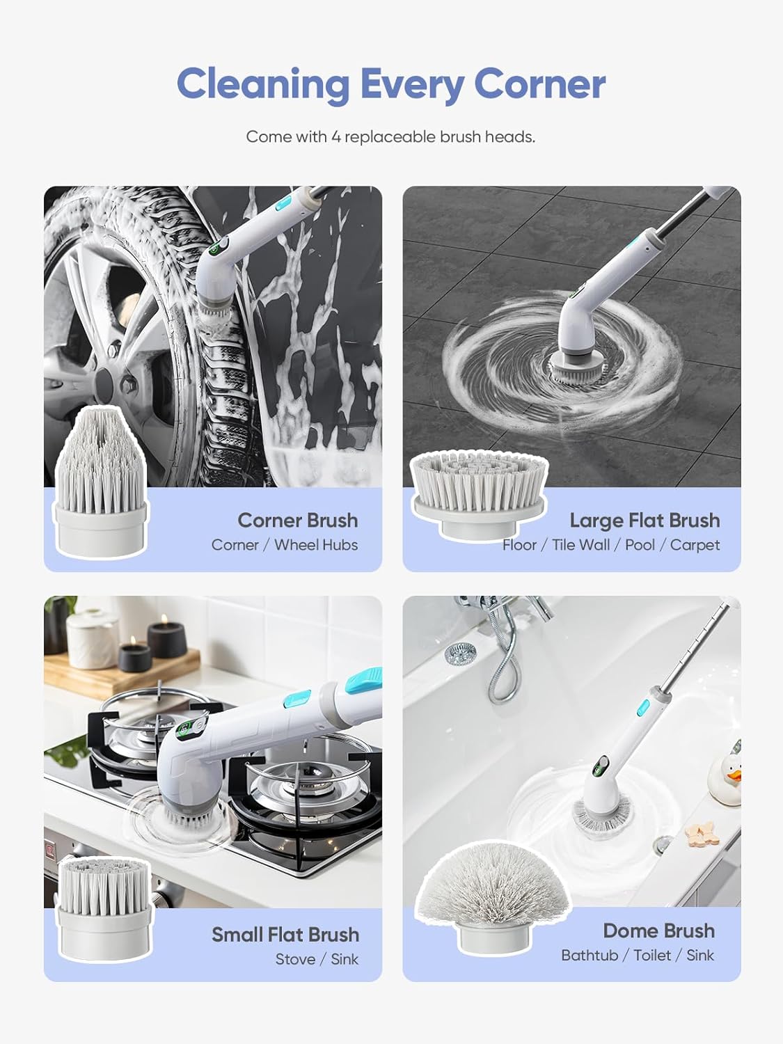 Electric Spin Scrubber Cordless Cleaning Full-Body IPX7 3 Speeds LCD Display 4 Replaceable Brushes