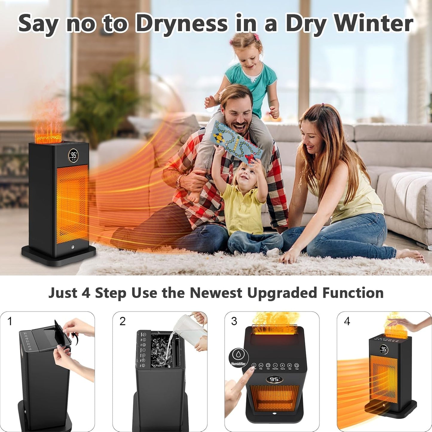 PTC Indoor Space Heater with Sensor, Humidifier & 3D Flame, 1500W