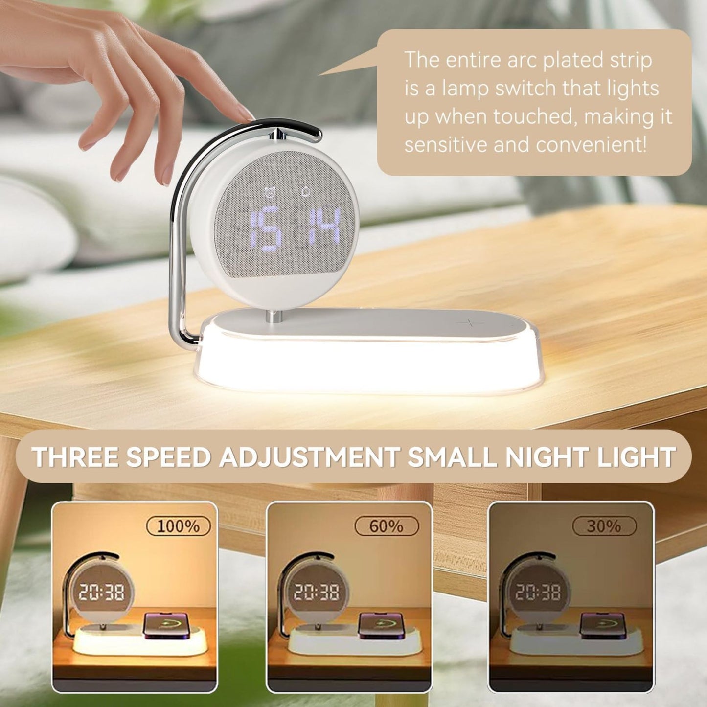 New Smart Alarm Clock with Fast Wireless Charging & Adjustable Night Light Gift