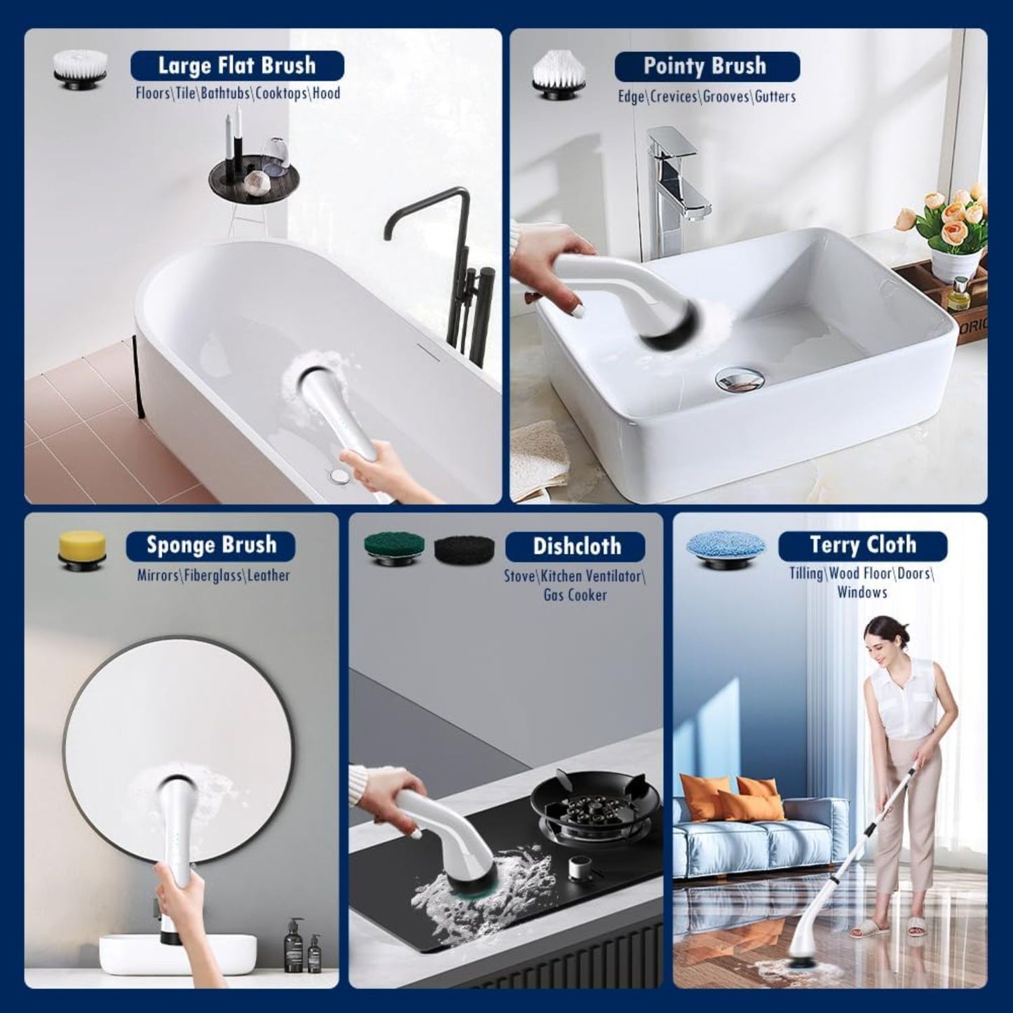 Electric Spin Scrubber with 6 Brush Heads & Adjustable Handle