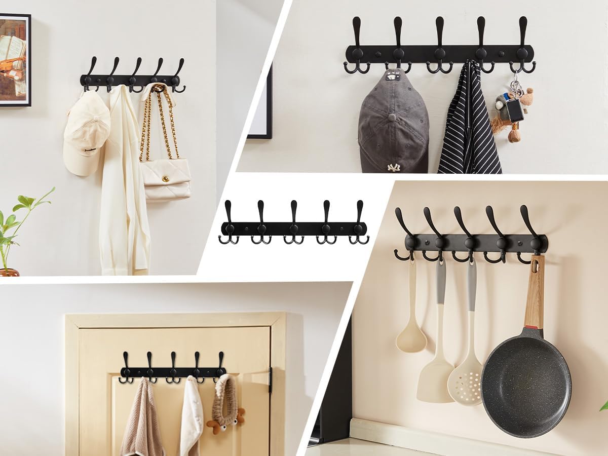 Wall Coat Hooks (2-Pack) - 35lb Capacity, Adjustable Black Metal Hangers