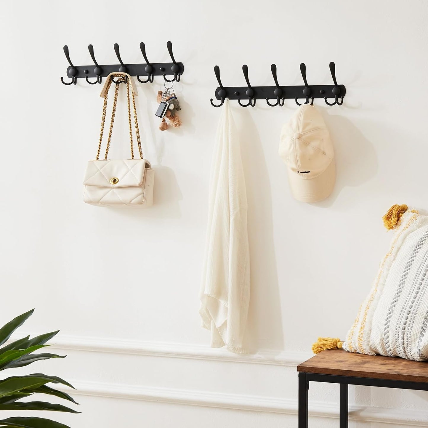 Wall Coat Hooks (2-Pack) - 35lb Capacity, Adjustable Black Metal Hangers