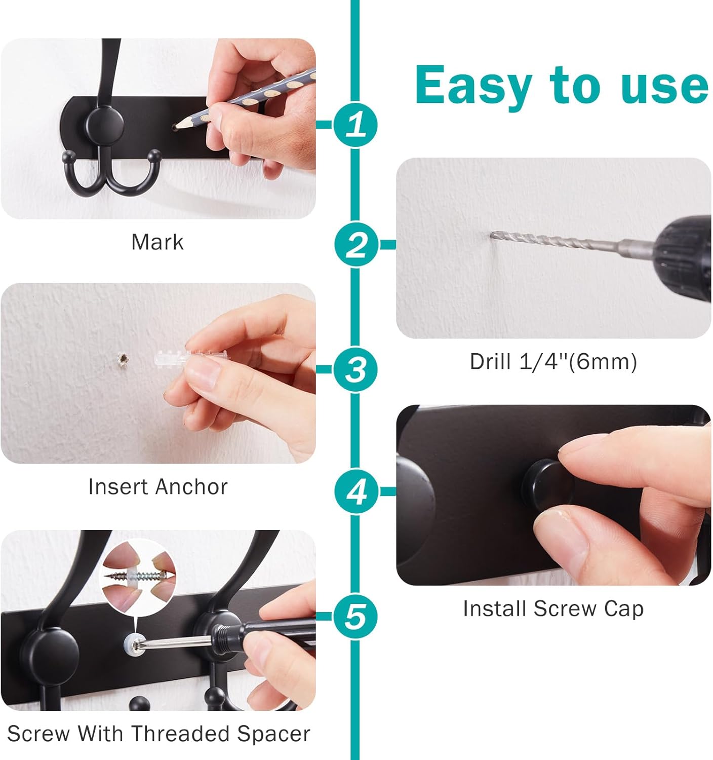 Wall Coat Hooks (2-Pack) - 35lb Capacity, Adjustable Black Metal Hangers
