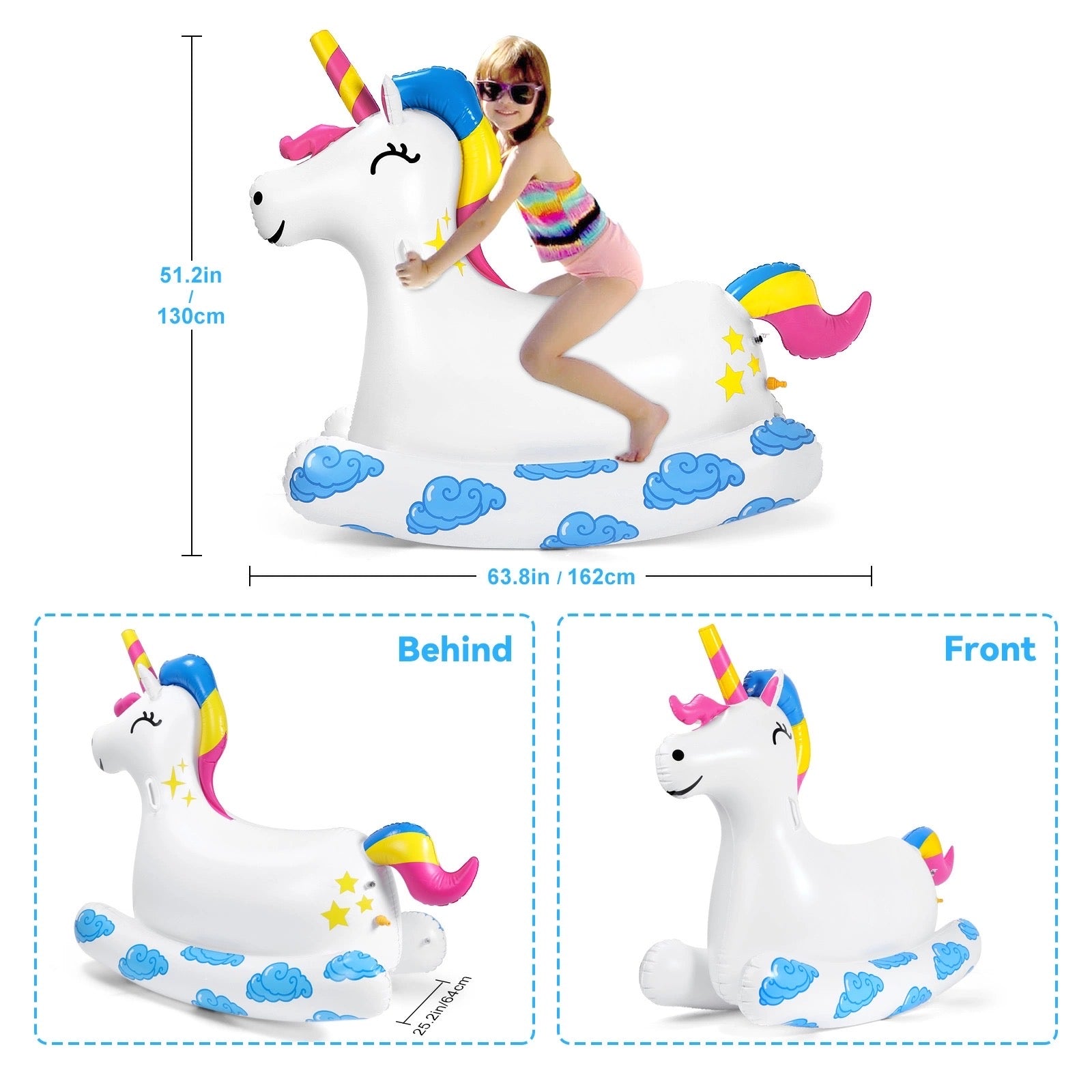 WOWMTN 2-in-1 Giant Unicorn Pool Float Ride-On with Garden Hose Water