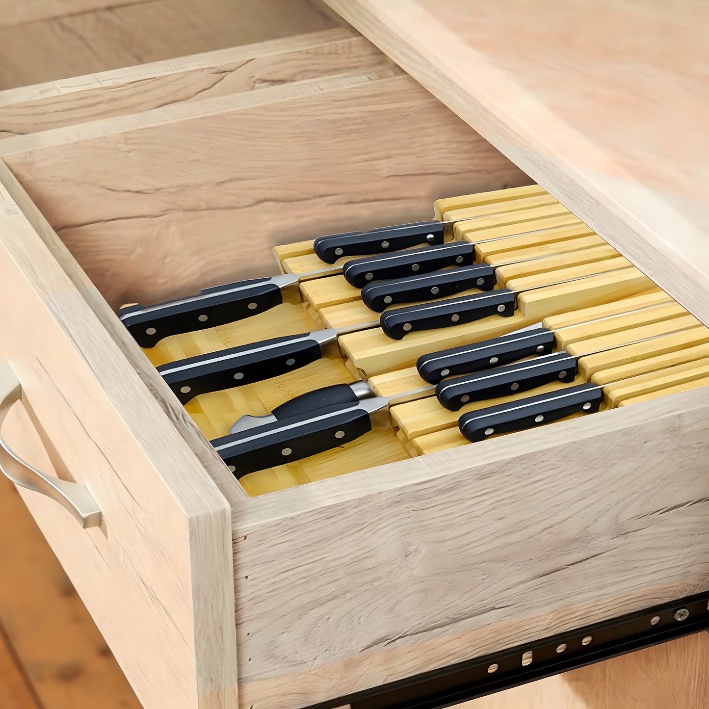 WOWMTN In-Drawer Bamboo Knife Storage with Optional Sharpener