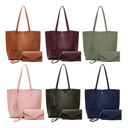 WOWMTN Tote Bag for Women Waterproof Lightweight Leather with Clutch Satchel Handbag 2 PCS Set